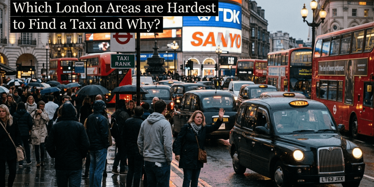 London street showing difficulty finding a taxi in busy central area.