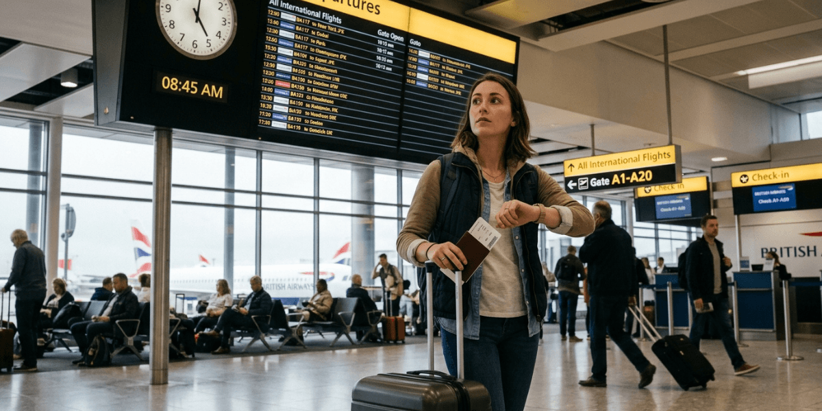 "Passengers arriving early at a UK airport for an international flight.