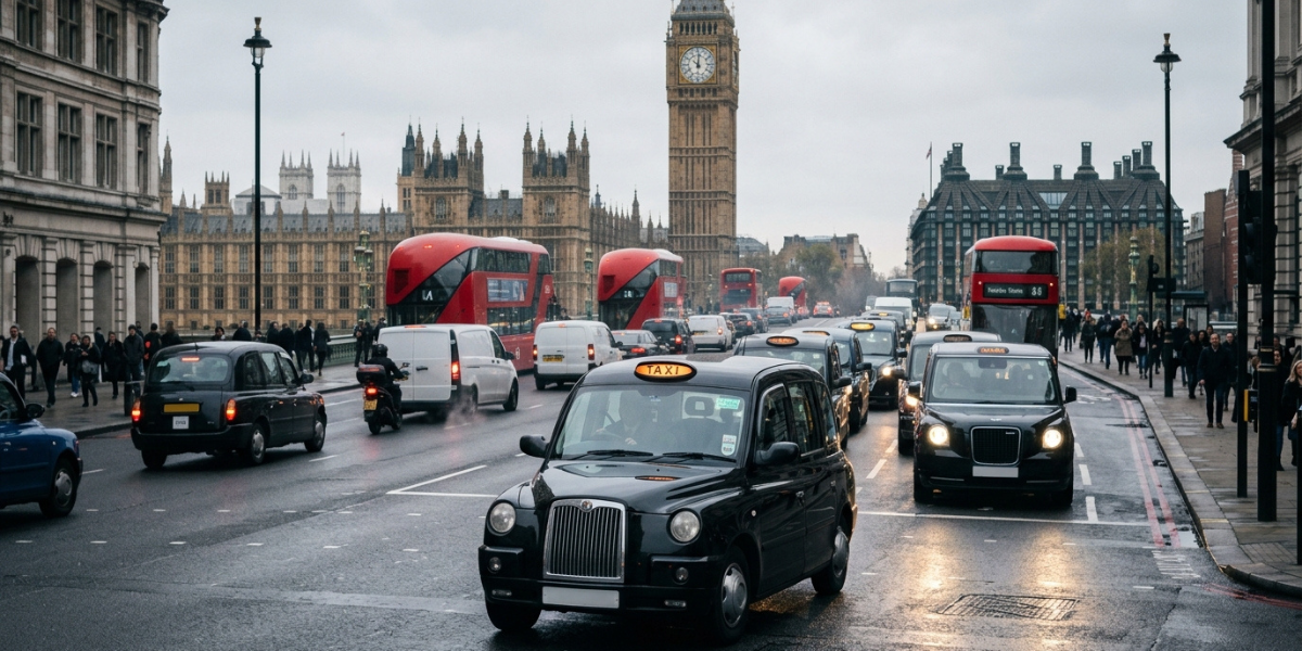 London black cab travelling through city streets highlighting its impact on traffic and urban transportation in London.
