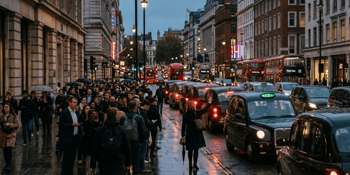 Large crowd of people waiting for taxis on a busy London street.