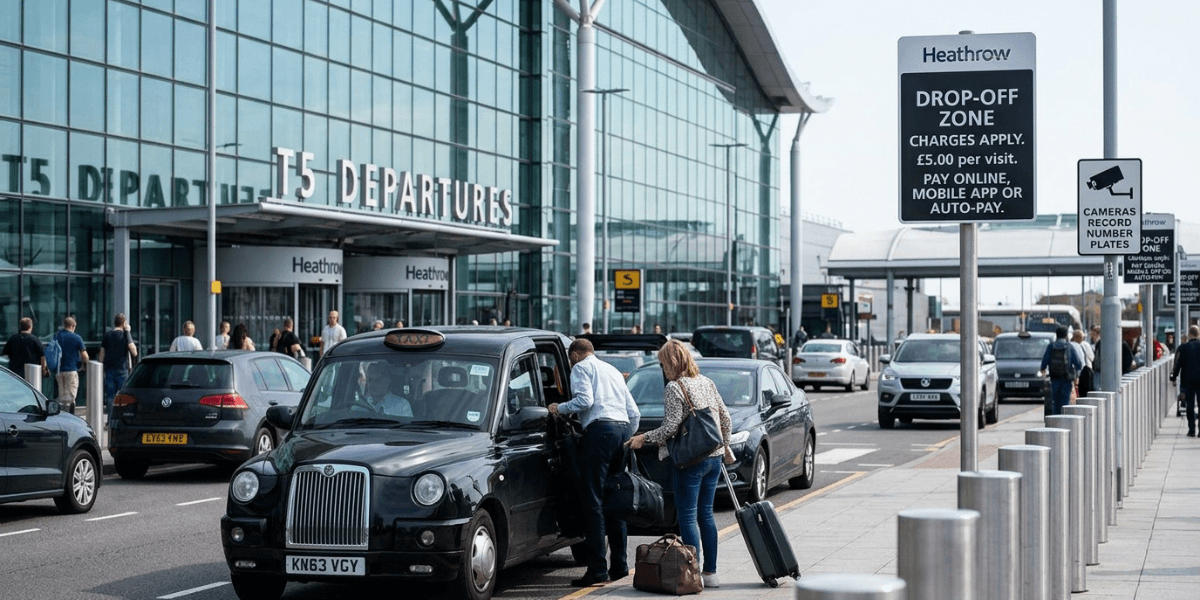 Heathrow Airport drop-off area with cars and passengers.