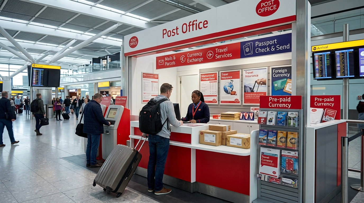 A group of people stands in front of a red and white counter, engaged in conversation or activity.