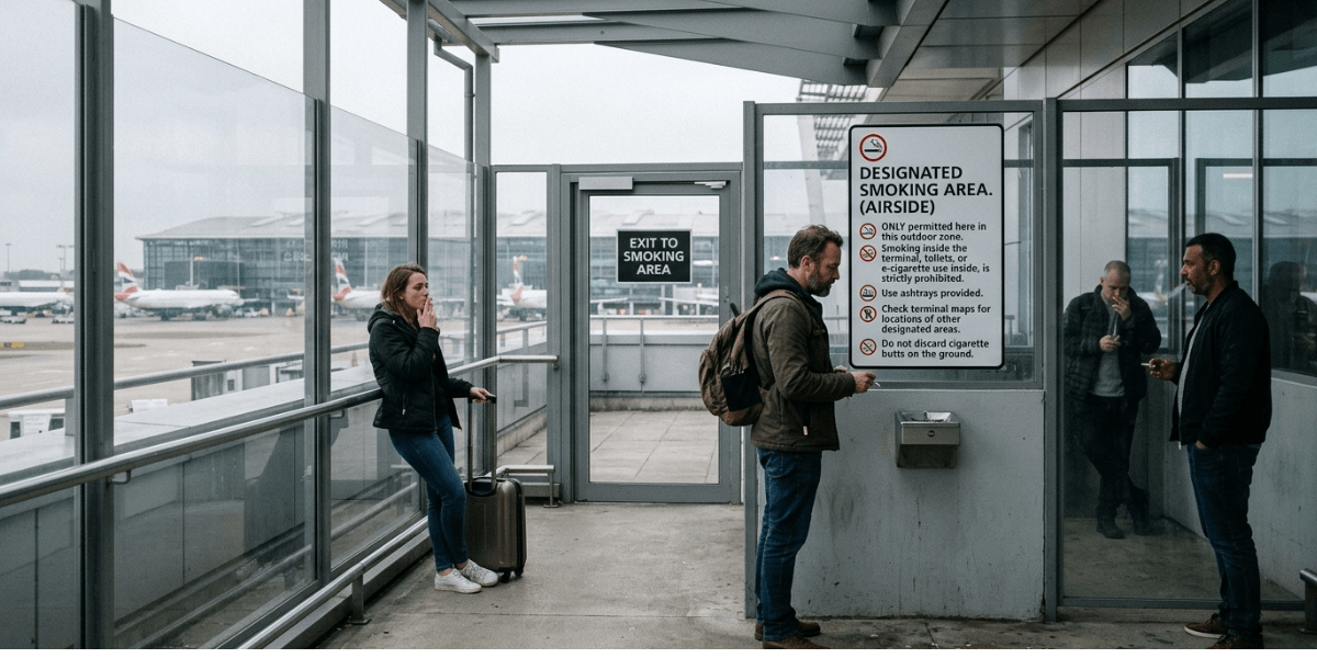 Two individuals stand together in front of an airport terminal, with the building's entrance visible behind them.